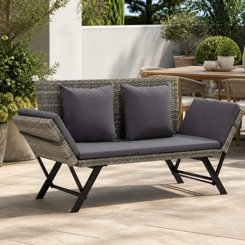 Outdoor Garden Bench 176cm Grey PE Rattan Adjustable Sun Bed with Cushions