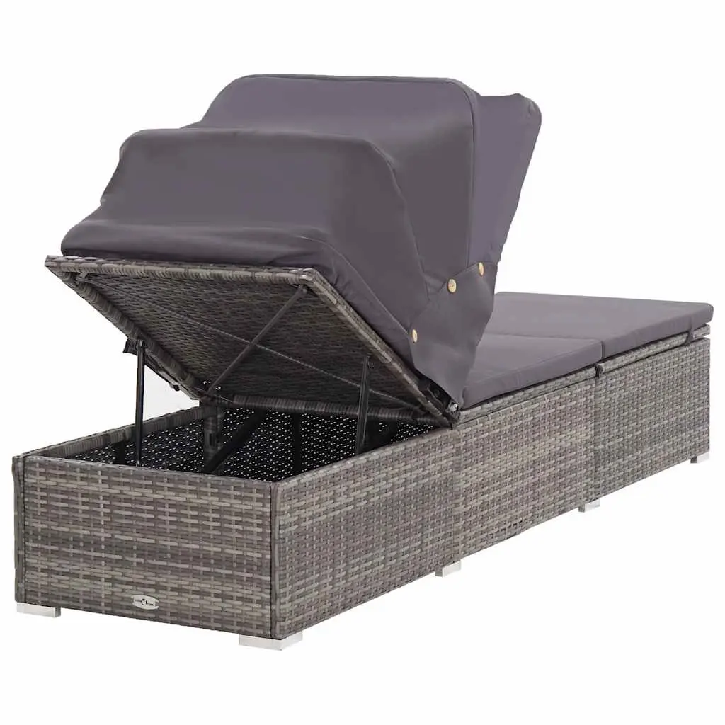 Sun Lounger with Foldable Canopy Adjustable Armrests Padded Cushion Weather Resistant PE Rattan Outdoor Patio Chair