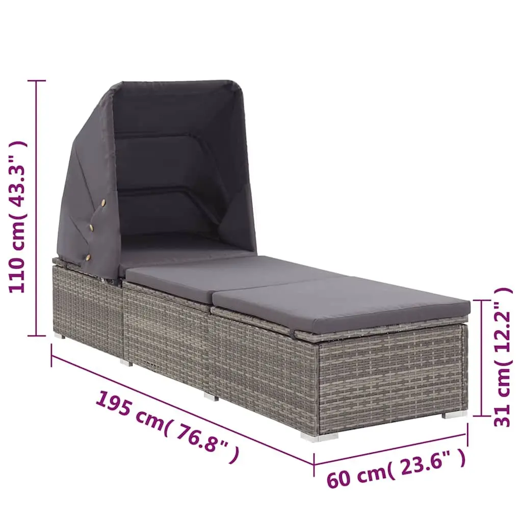 Sun Lounger with Foldable Canopy Adjustable Armrests Padded Cushion Weather Resistant PE Rattan Outdoor Patio Chair