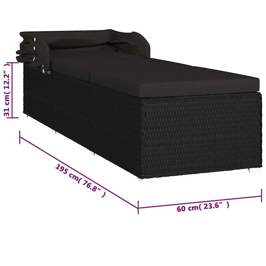 Sun Lounger Adjustable with Canopy and Cushion Black Poly Rattan Outdoor Patio Bed