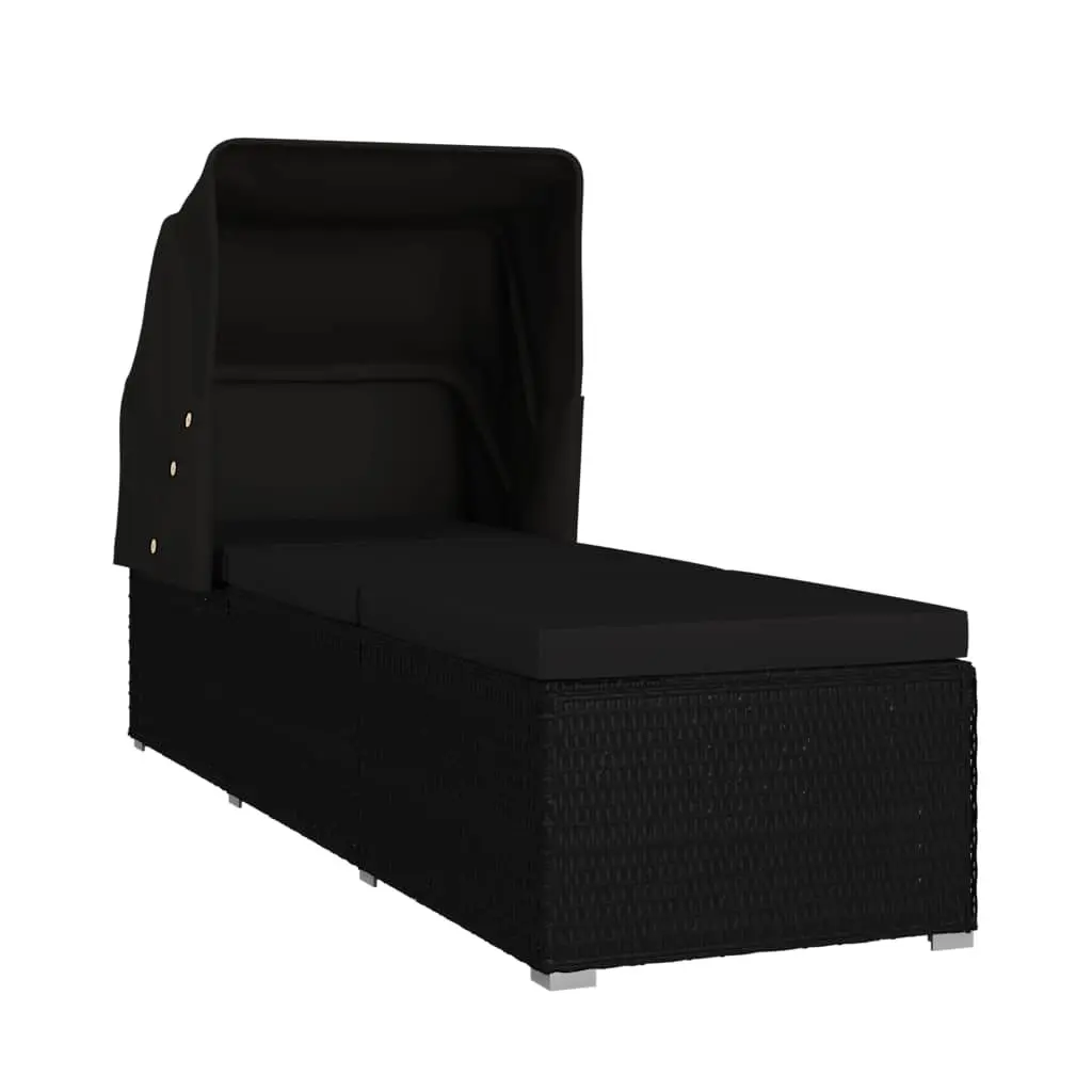 Sun Lounger Adjustable with Canopy and Cushion Black Poly Rattan Outdoor Patio Bed