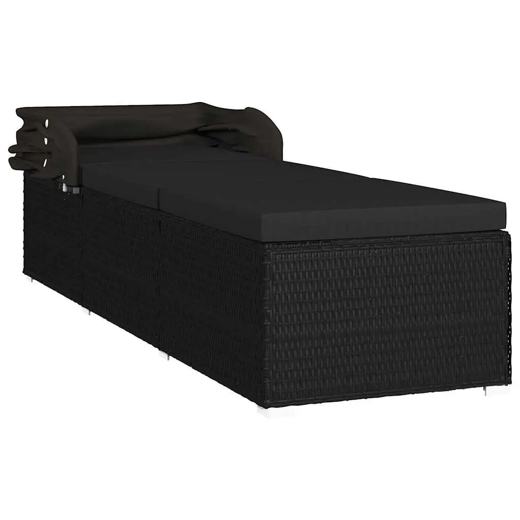 Sun Lounger Adjustable with Canopy and Cushion Black Poly Rattan Outdoor Patio Bed