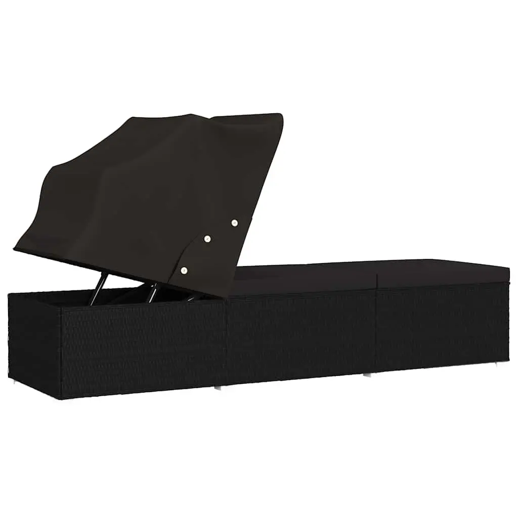 Sun Lounger Adjustable with Canopy and Cushion Black Poly Rattan Outdoor Patio Bed