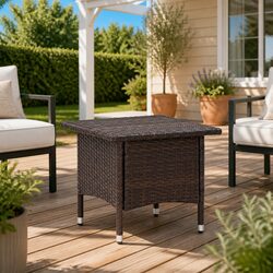 Outdoor Tea Table Brown Poly Rattan Garden Patio Side Coffee Table Steel Frame