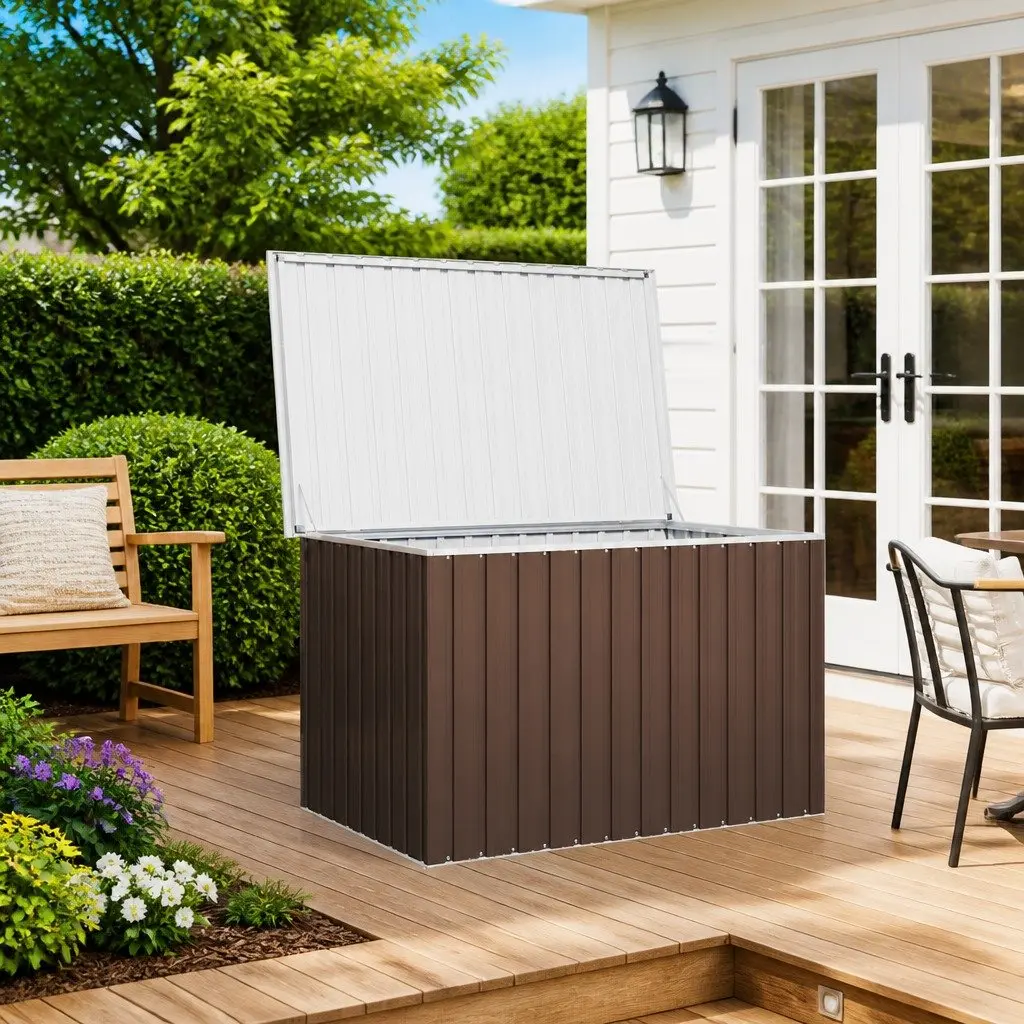 Garden Storage Box Brown Galvanised Steel Frame Outdoor Patio Deck Furniture