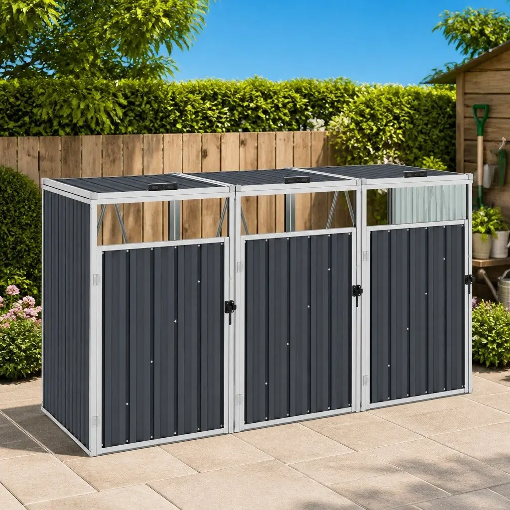 Triple Garbage Bin Shed Grey Steel Outdoor Waste Container Enclosure with Three Doors and Lids for Easy Access and Disposal