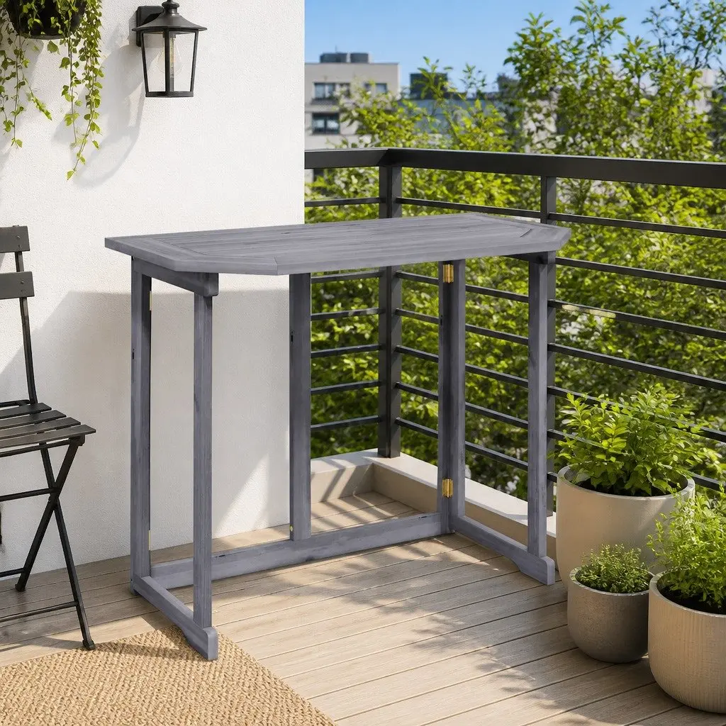 Folding Balcony Table Solid Acacia Wood Space-Saving Grey Wash Outdoor Coffee Worktop
