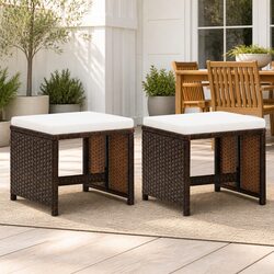 Outdoor Garden Stools 2 Pack with Cushions Brown Rattan Patio Seating Footrest