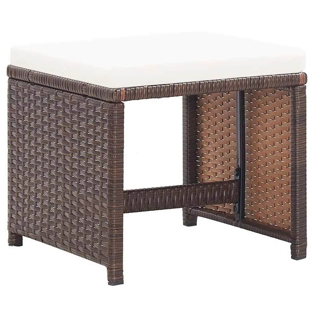 Garden Stools 2 Pack Brown Rattan with Cushions Durable Powder-coated Steel Frame Outdoor Seating Footrest