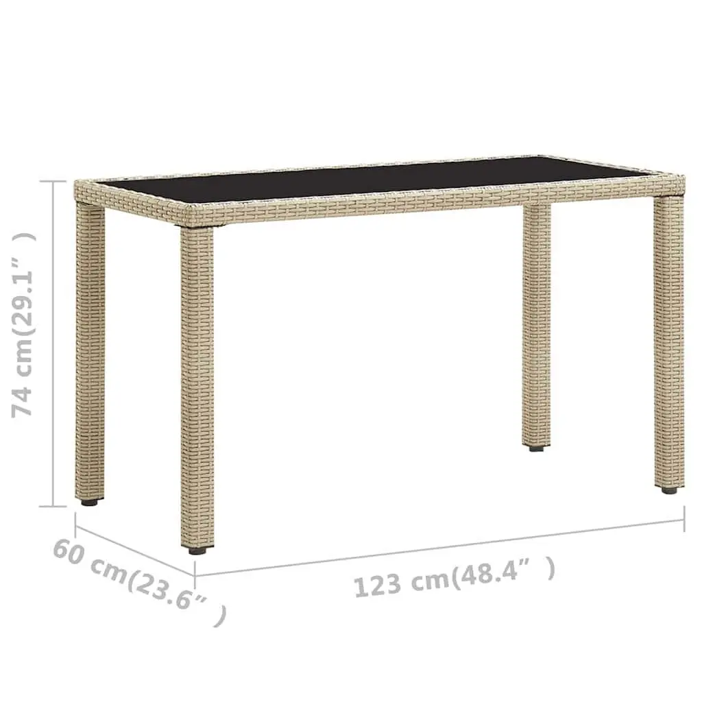 Garden Dining Table 123 x 60 x 74 cm Beige Poly Rattan Glass Top Outdoor Furniture