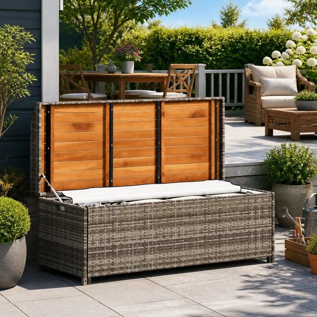 Outdoor Storage Bench 120cm Grey Poly Rattan Weather Resistant Seating and Storage