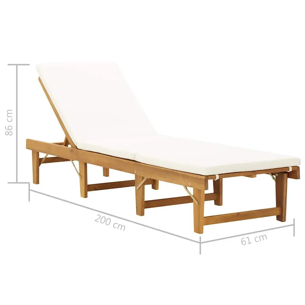 Folding Sun Lounger Solid Wood Outdoor Patio Garden Adjustable Height with Cushion