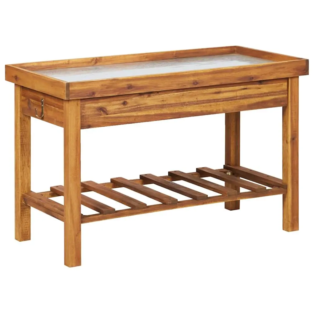 Garden Work Bench Solid Acacia Wood Zinc Top Potting Table with Bottom Storage Shelf