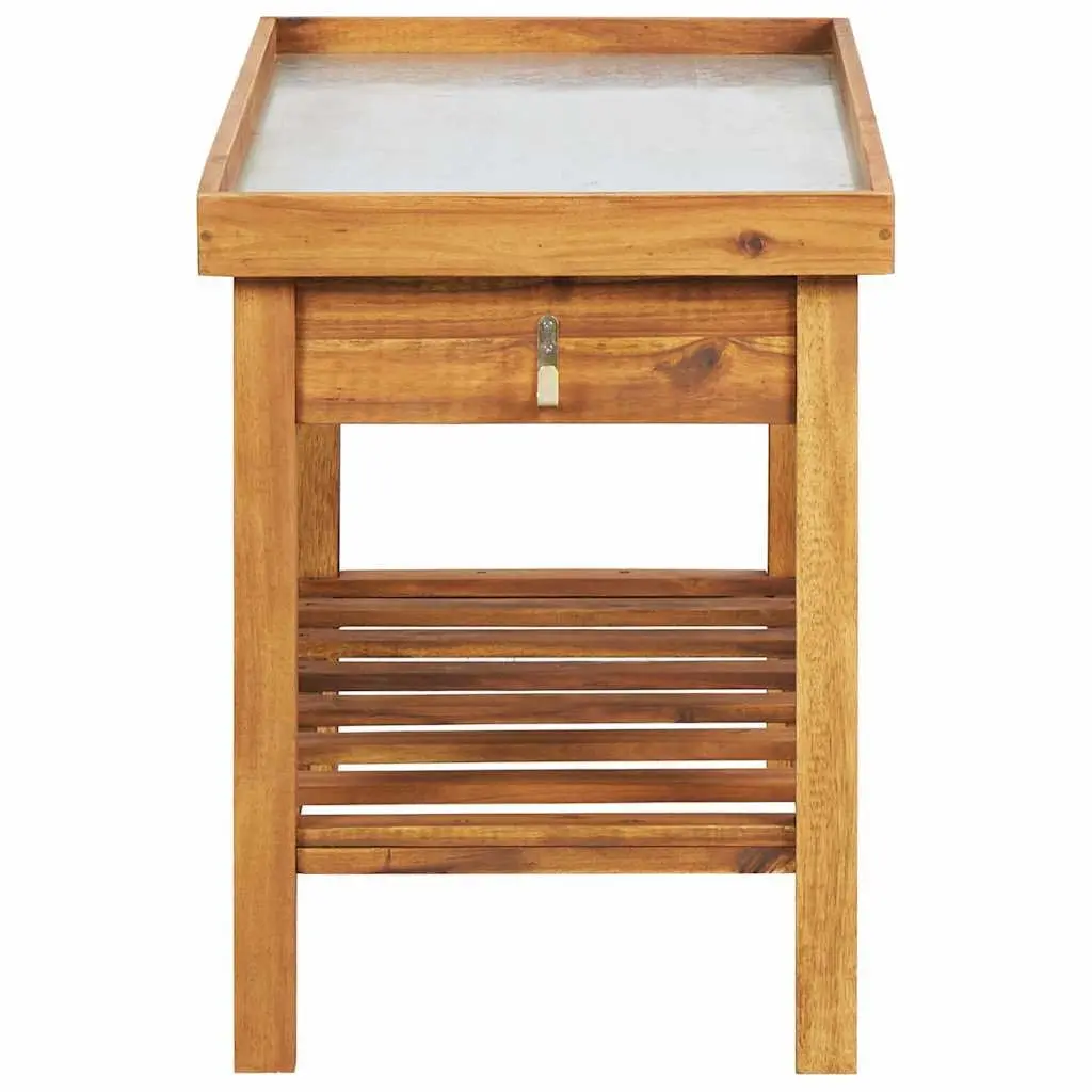Garden Work Bench Solid Acacia Wood Zinc Top Potting Table with Bottom Storage Shelf