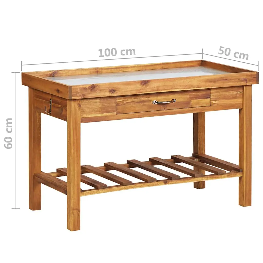 Garden Work Bench Solid Acacia Wood Zinc Top Potting Table with Bottom Storage Shelf