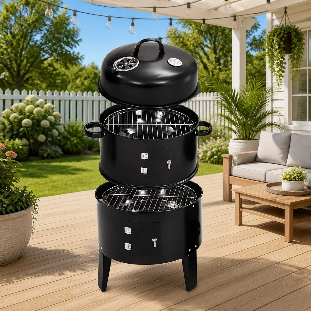 3-in-1 Charcoal Smoker BBQ Grill 40x80cm Portable Outdoor Cooking