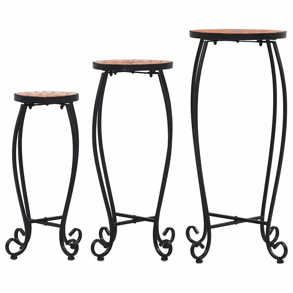 Mosaic Plant Stand Table Set 3pc Ceramic Top Garden Outdoor Patio Decor Brown