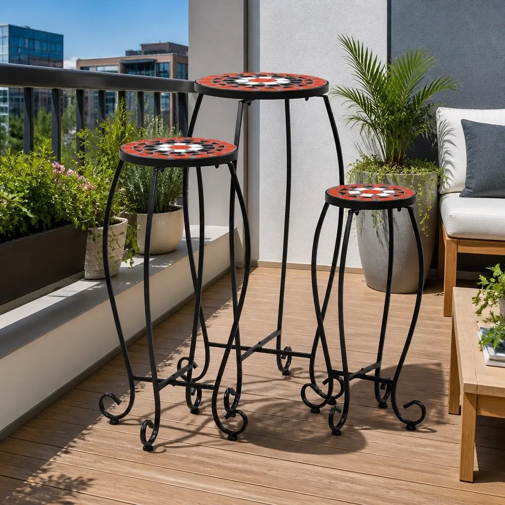 Mosaic Table Set 3 Piece Ceramic Top Iron Frame Garden Balcony Patio Furniture