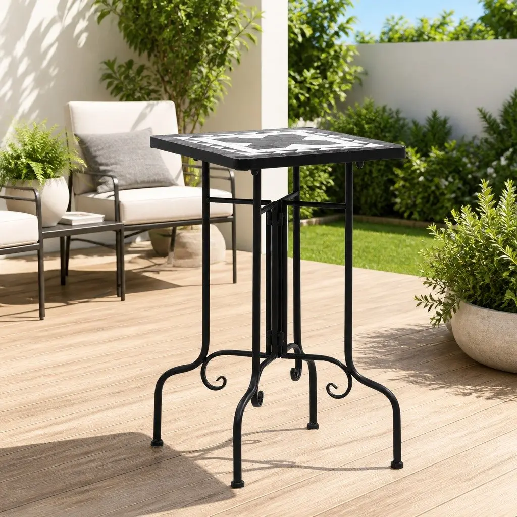 Mosaic Side Table Black White Ceramic Weatherproof Outdoor Garden Plant Stand Curved Legs