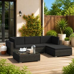 Black Outdoor Lounge Set: 5 Piece Garden Sofa with Cushions