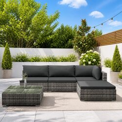 5 Piece Garden Lounge Set Outdoor Rattan Sofa Grey with Cushions Patio Furniture