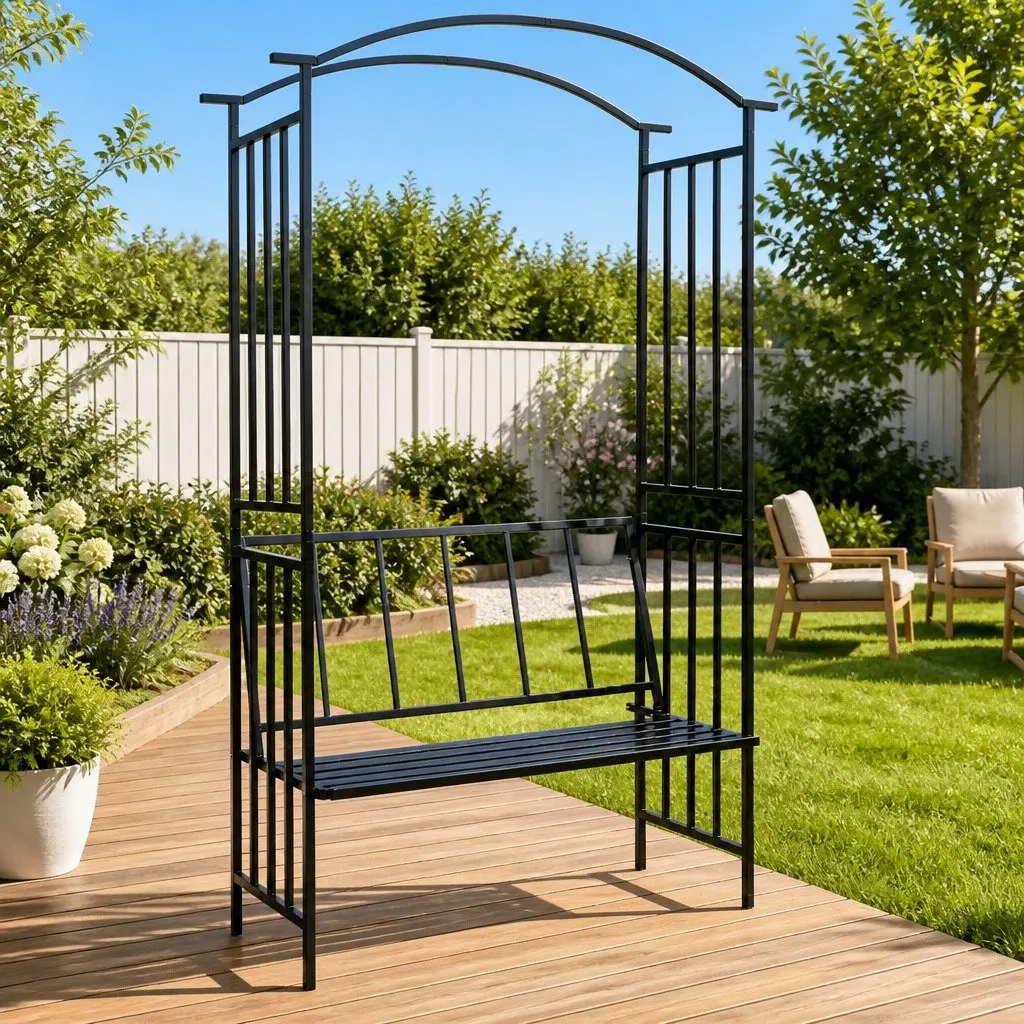 Garden Arch with Bench Black Weather-Resistant Iron Structure for Climbing Plants and Outdoor Seating