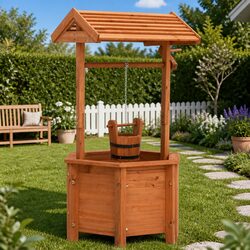 Wooden Garden Wishing Well Planter Outdoor Lawn Ornament Decoration Firwood