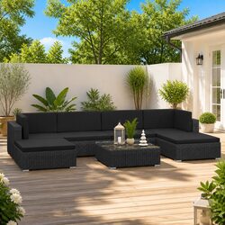 Outdoor Garden Lounge Set 7 Piece Poly Rattan Sofa Patio Furniture with Cushions