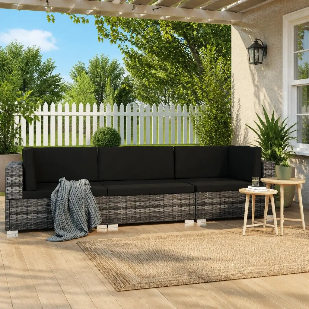 3 Piece Modular Outdoor Sofa Set Poly Rattan Patio Furniture Grey with Cushions