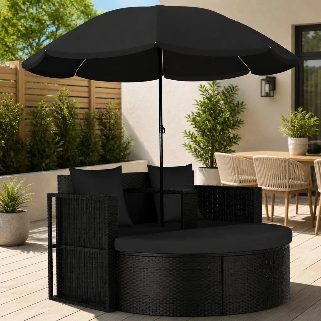 Outdoor Rattan Lounge Bed with Parasol Black Cream White Cushioned Seating