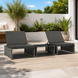 Reclining Garden Chairs 2 pcs with Coffee Table Grey Poly Rattan Lounge Set