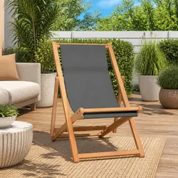 Folding Beach Chair Teak Wood Grey Outdoor Garden Deck Lounge Seat Adjustable