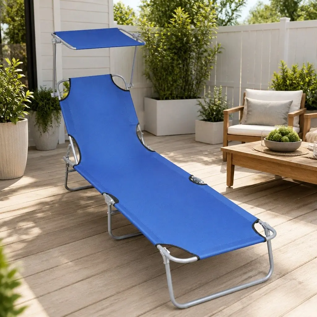 Folding Sun Lounger Blue Adjustable Backrest Canopy Outdoor Patio Garden