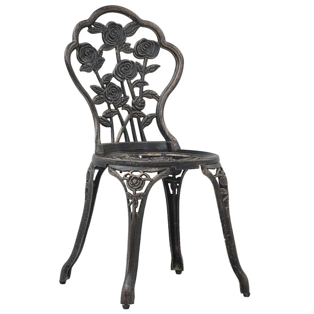 3 Piece Outdoor Bistro Set Round Table 2 Chairs Cast Aluminium Construction Floral Pattern Brown