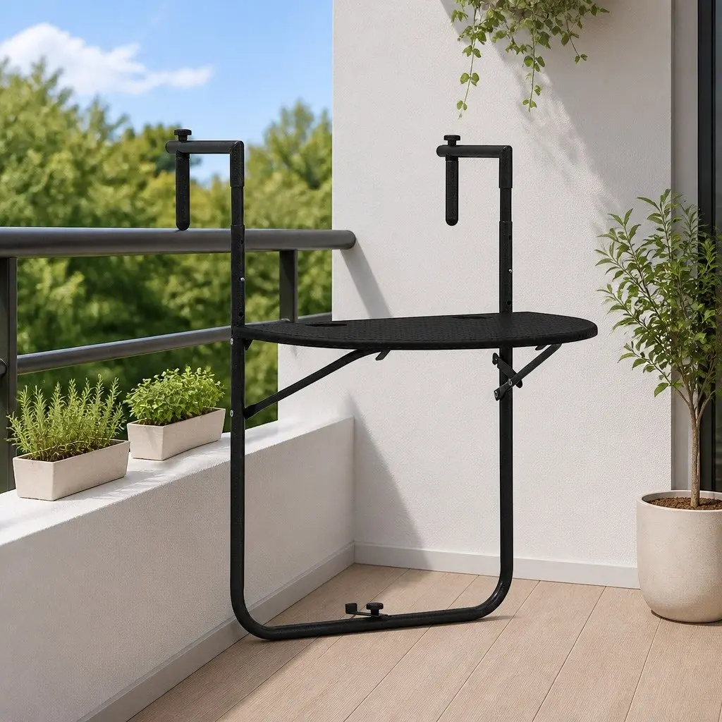Hanging Balcony Table Black Foldable Adjustable Height Rattan Look Outdoor Coffee Worktop