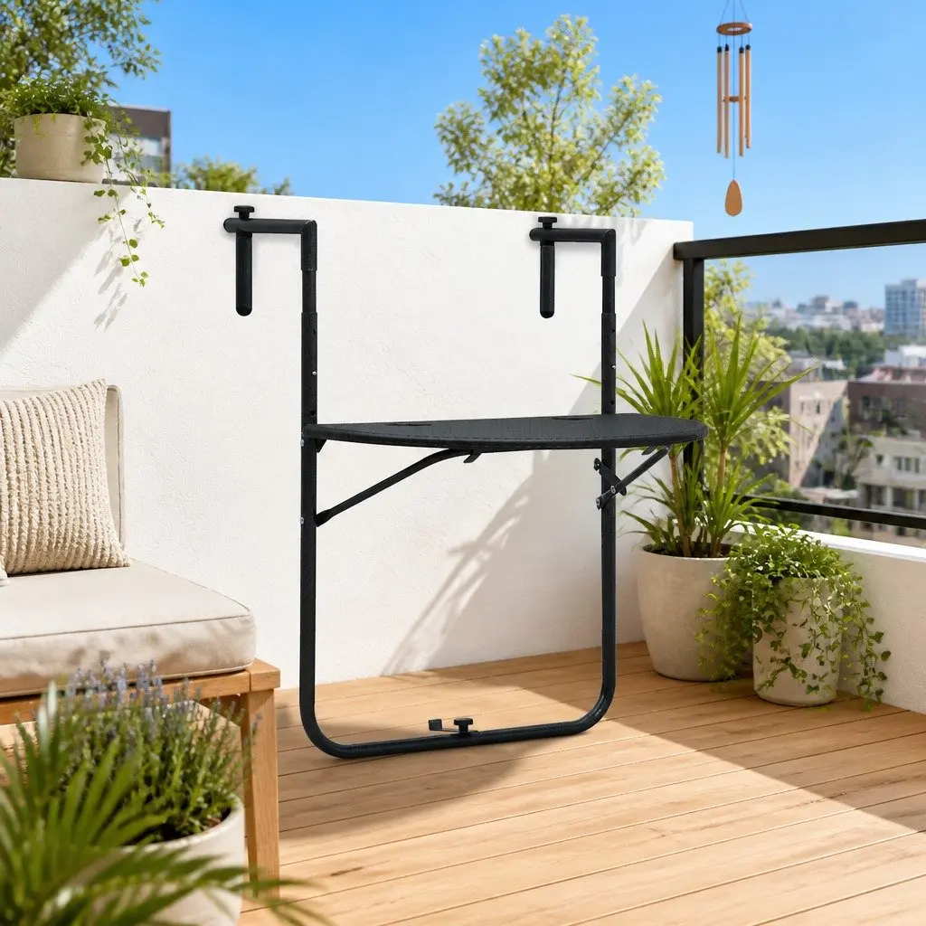 Hanging Balcony Table Foldable Weather Resistant Plastic Top Steel Frame Rattan Look