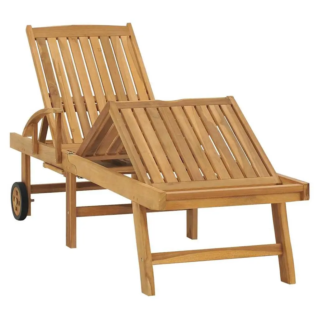 Sun Lounger Teak Wood Outdoor Garden Daybed Adjustable Backrest Wheels