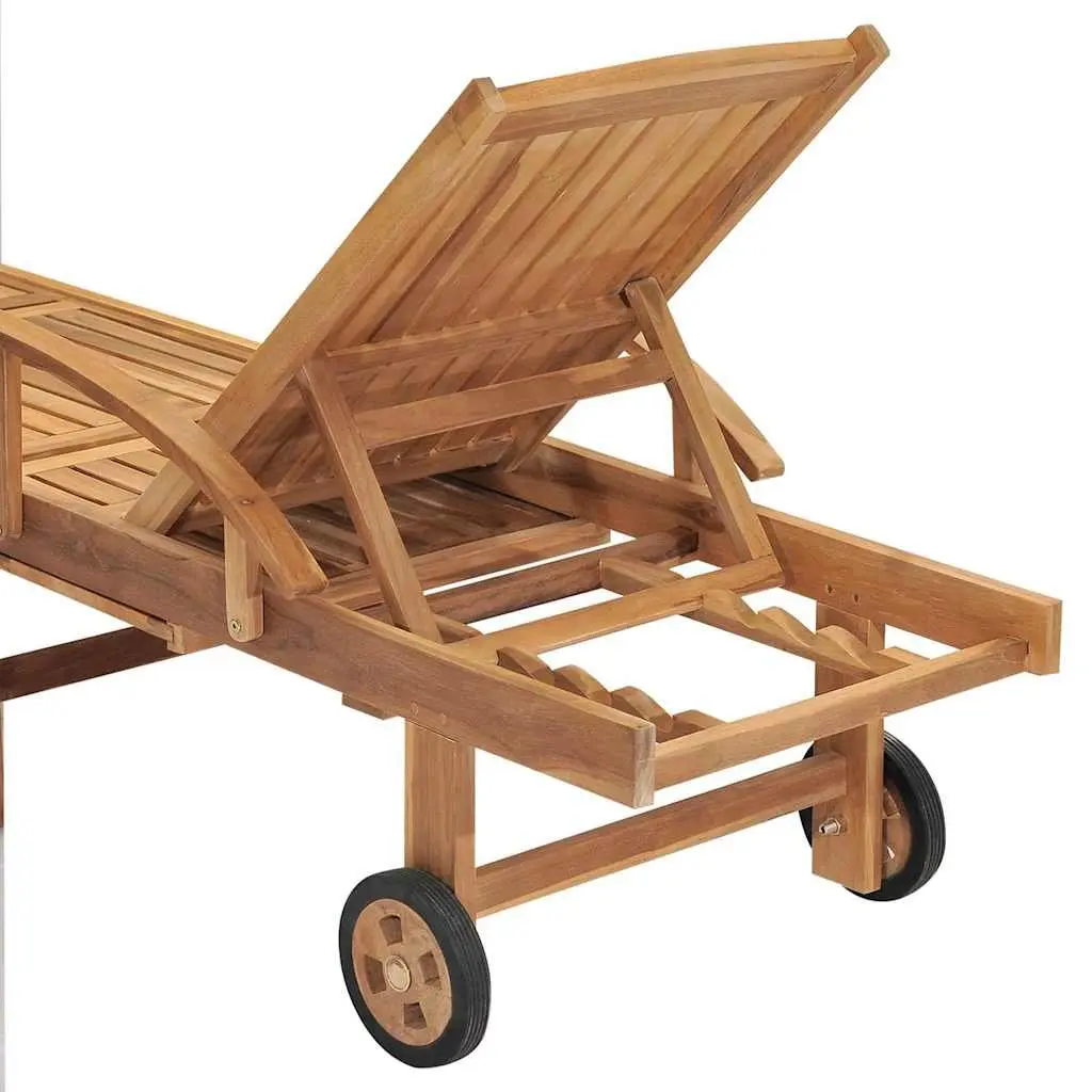 Sun Lounger Teak Wood Outdoor Garden Daybed Adjustable Backrest Wheels