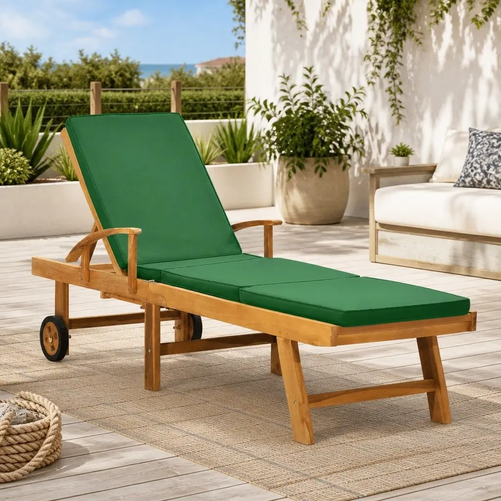 Teak Wood Sun Lounger Outdoor Garden Patio Deck Chair Adjustable Backrest Cushion Green