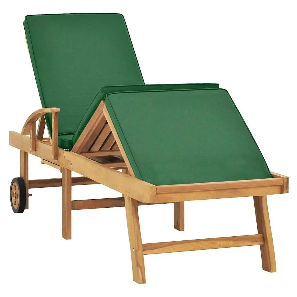 Teak Wood Sun Lounger Outdoor Garden Patio Deck Chair Adjustable Backrest Cushion Green