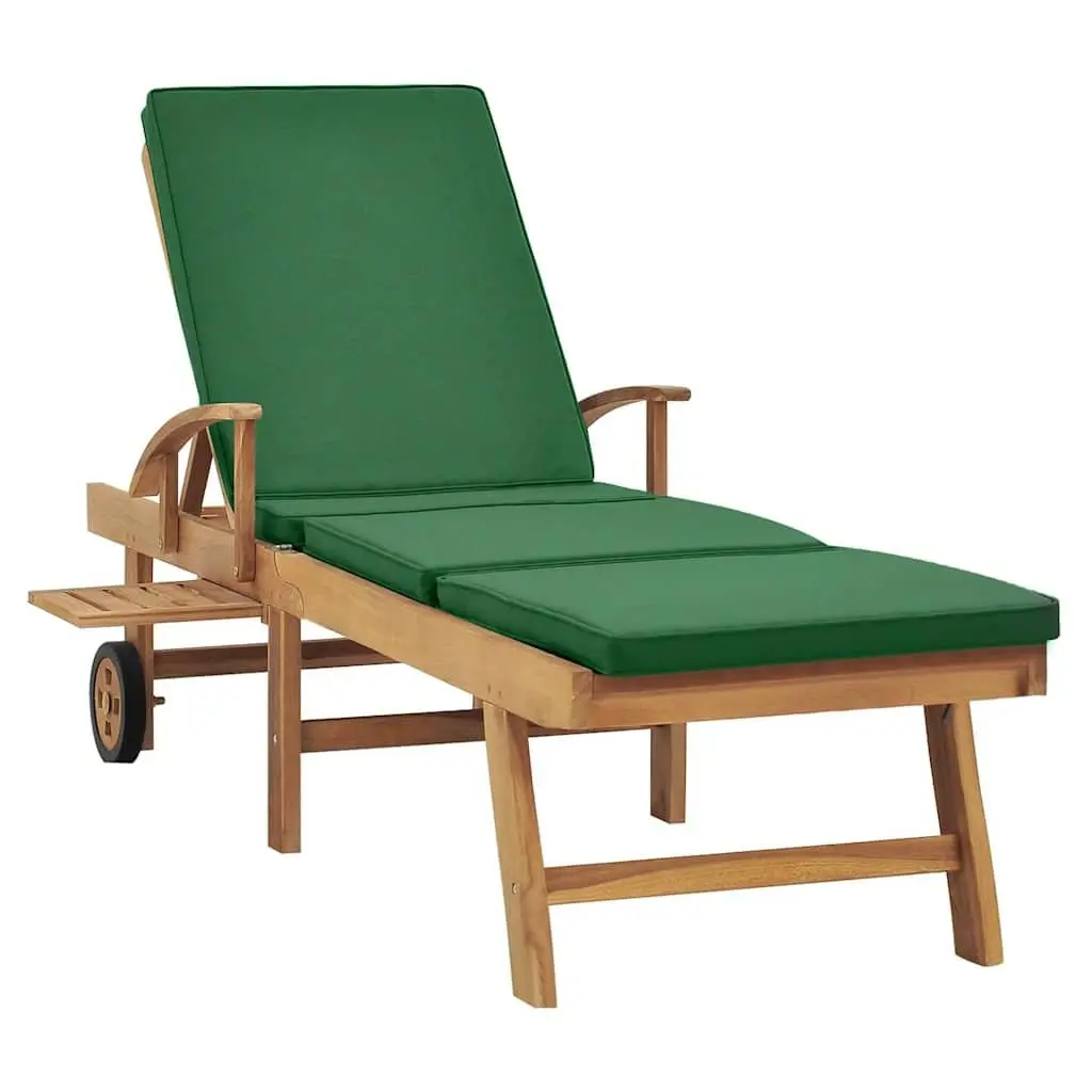 Teak Wood Sun Lounger Outdoor Garden Patio Deck Chair Adjustable Backrest Cushion Green