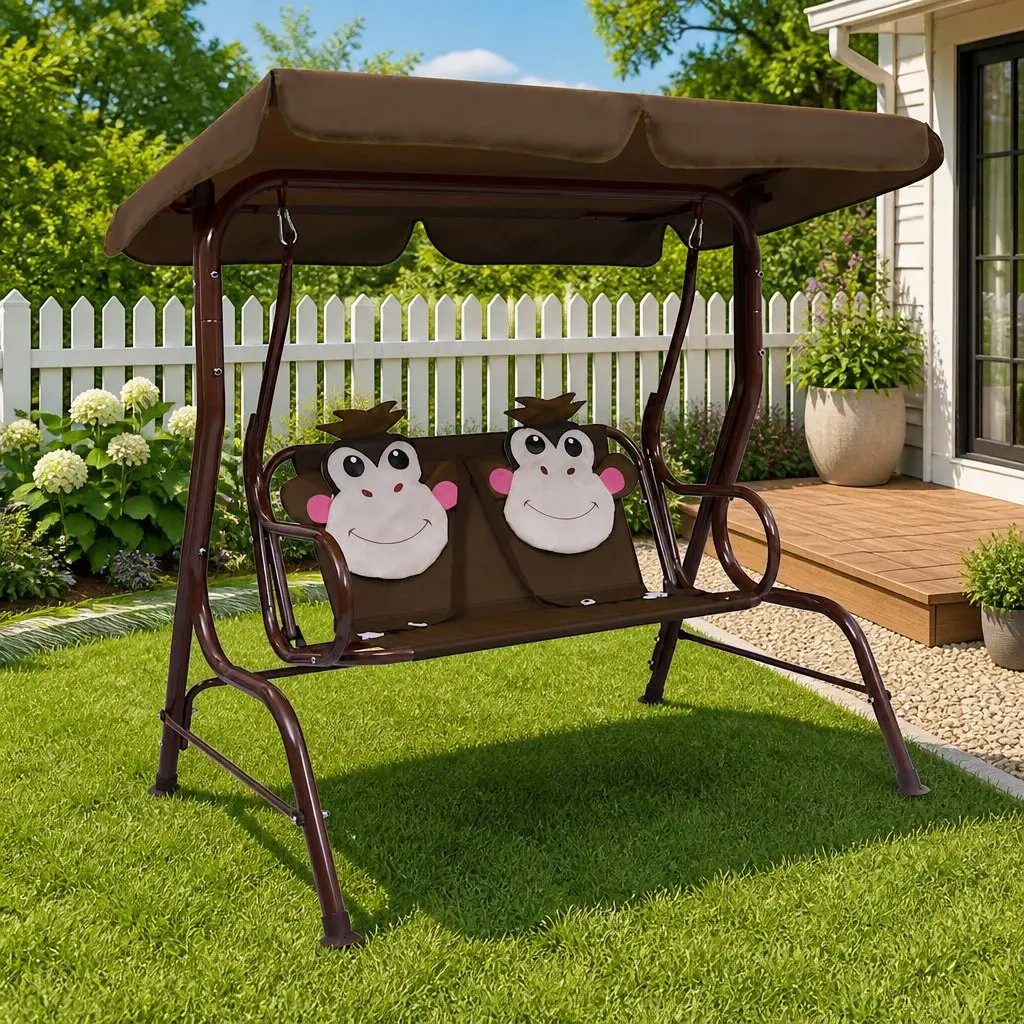 Kids Swing Bench Brown Outdoor Seating with Sunshade Canopy