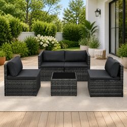 Garden Lounge Set 5 Piece Outdoor Furniture Grey Poly Rattan with Cushions