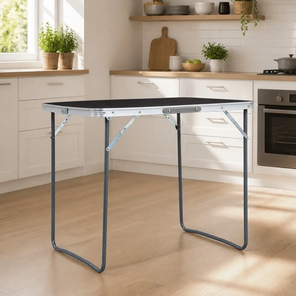 Foldable Camping Table 80x60cm Metal Frame Portable Outdoor Picnic Grey