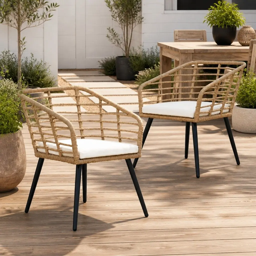 Outdoor Chairs 2 pcs Brown Poly Rattan Weather-Resistant Patio Seating with Cushions