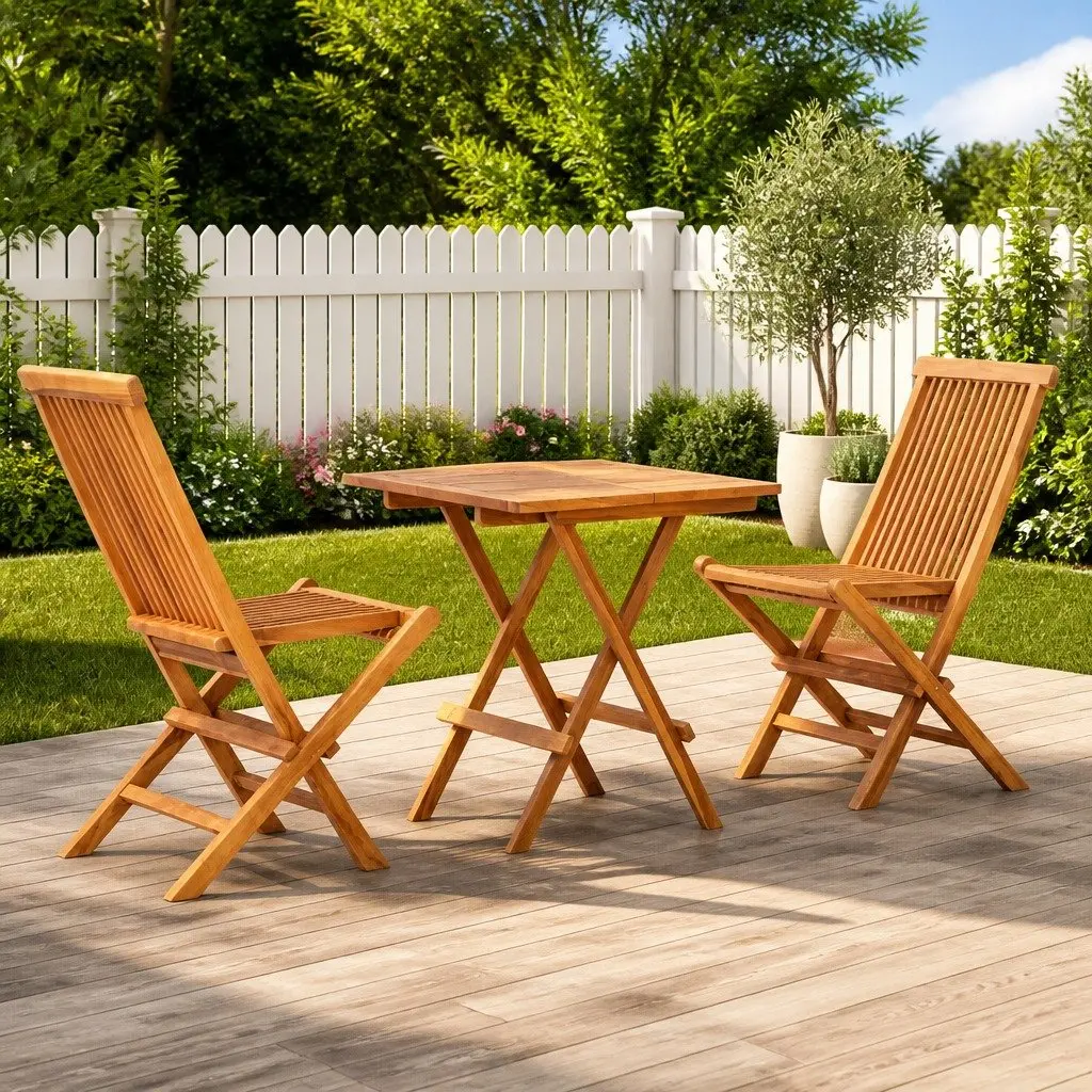 3 Piece Outdoor Folding Bistro Set Brown Solid Teak Wood Garden Patio Furniture