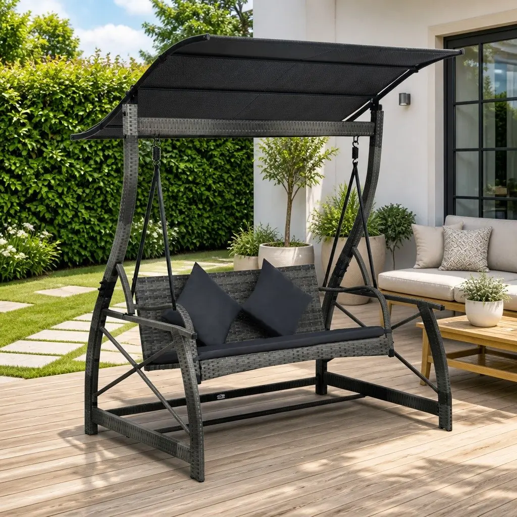3-Seater Garden Swing Bench with Canopy Weather-Resistant PE Rattan Frame Grey