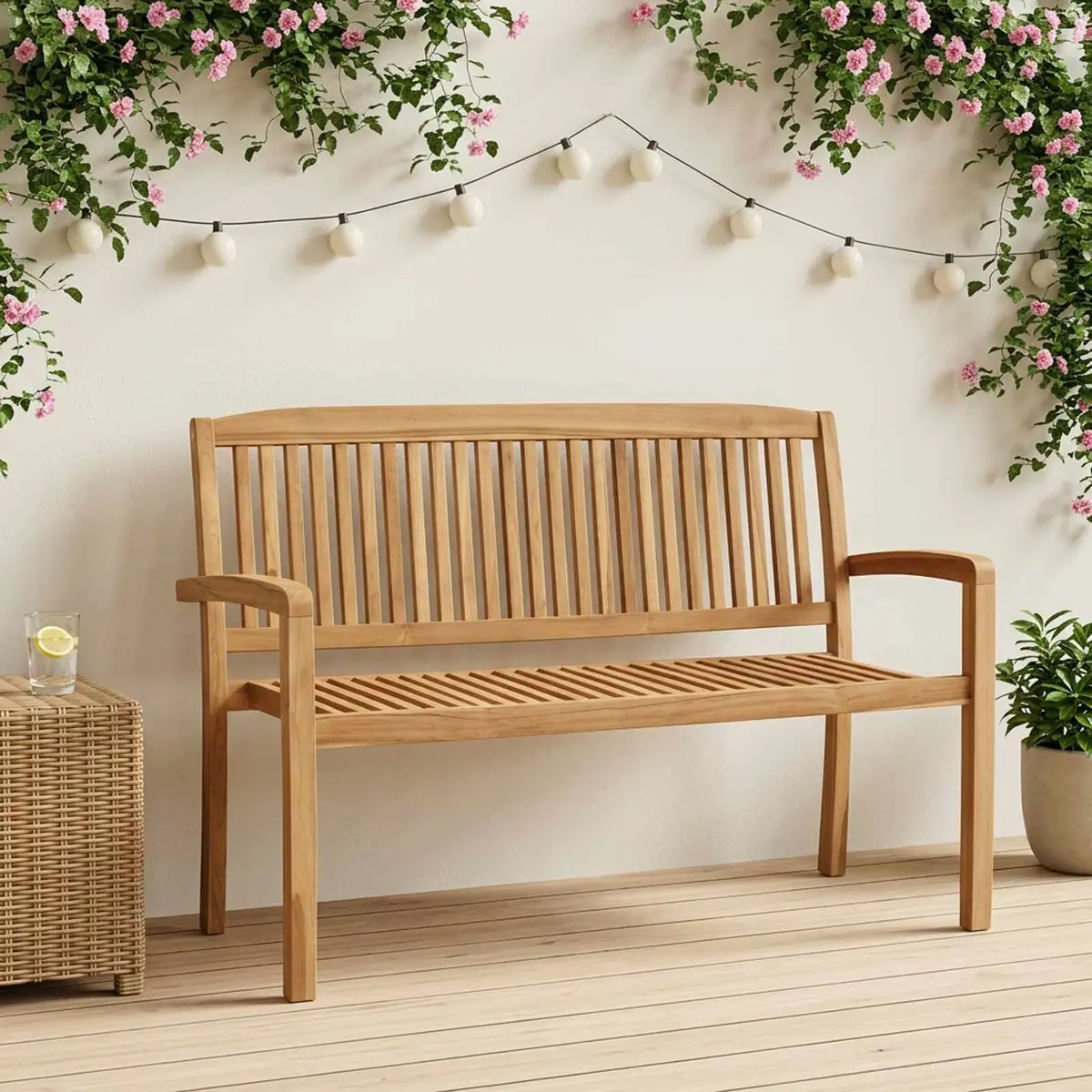 Teak Wood 2-Seater Outdoor Stacking Bench 120cm Space-Saving Garden Patio Furniture