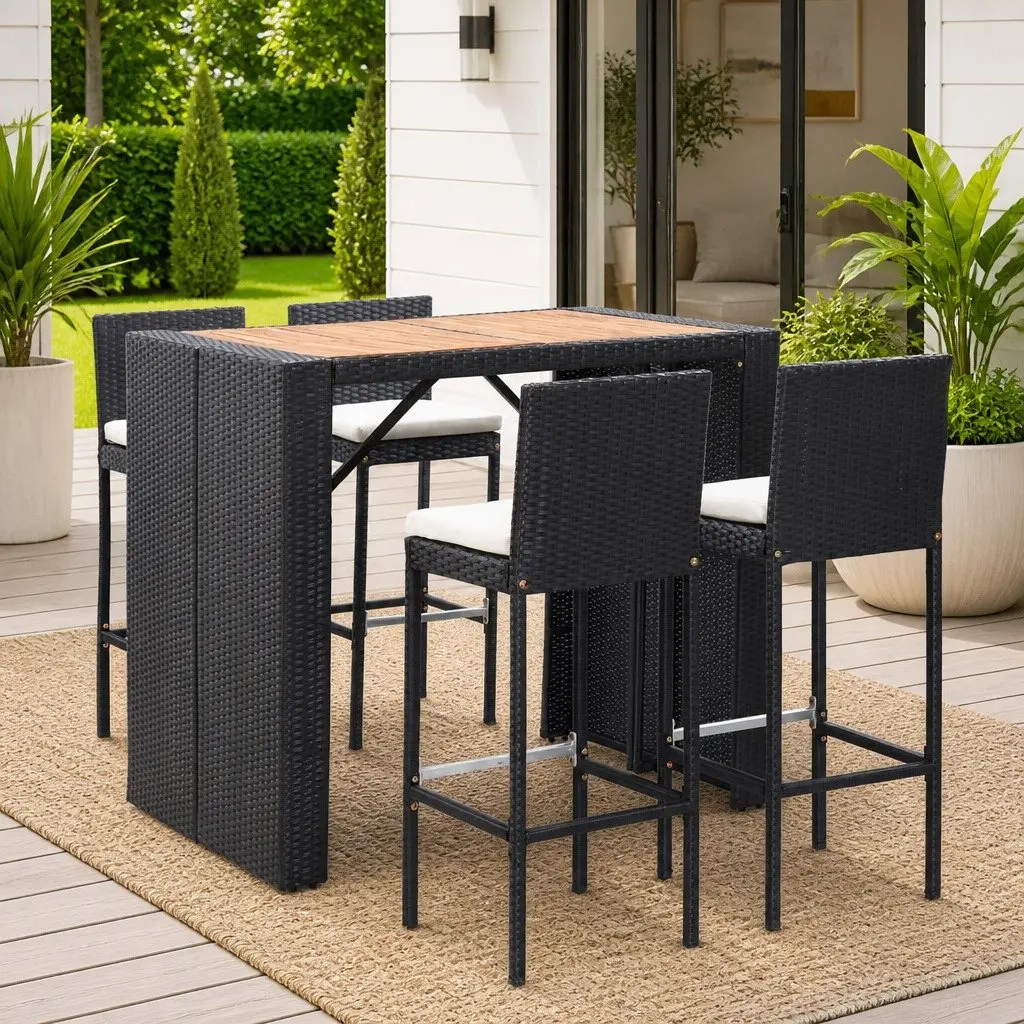 5 Piece Patio Bar Set Acacia Wood Table Water-Resistant PE Rattan Cushioned Black