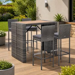 Outdoor Bar Set 5 Piece Poly Rattan Acacia Wood Patio Furniture Grey